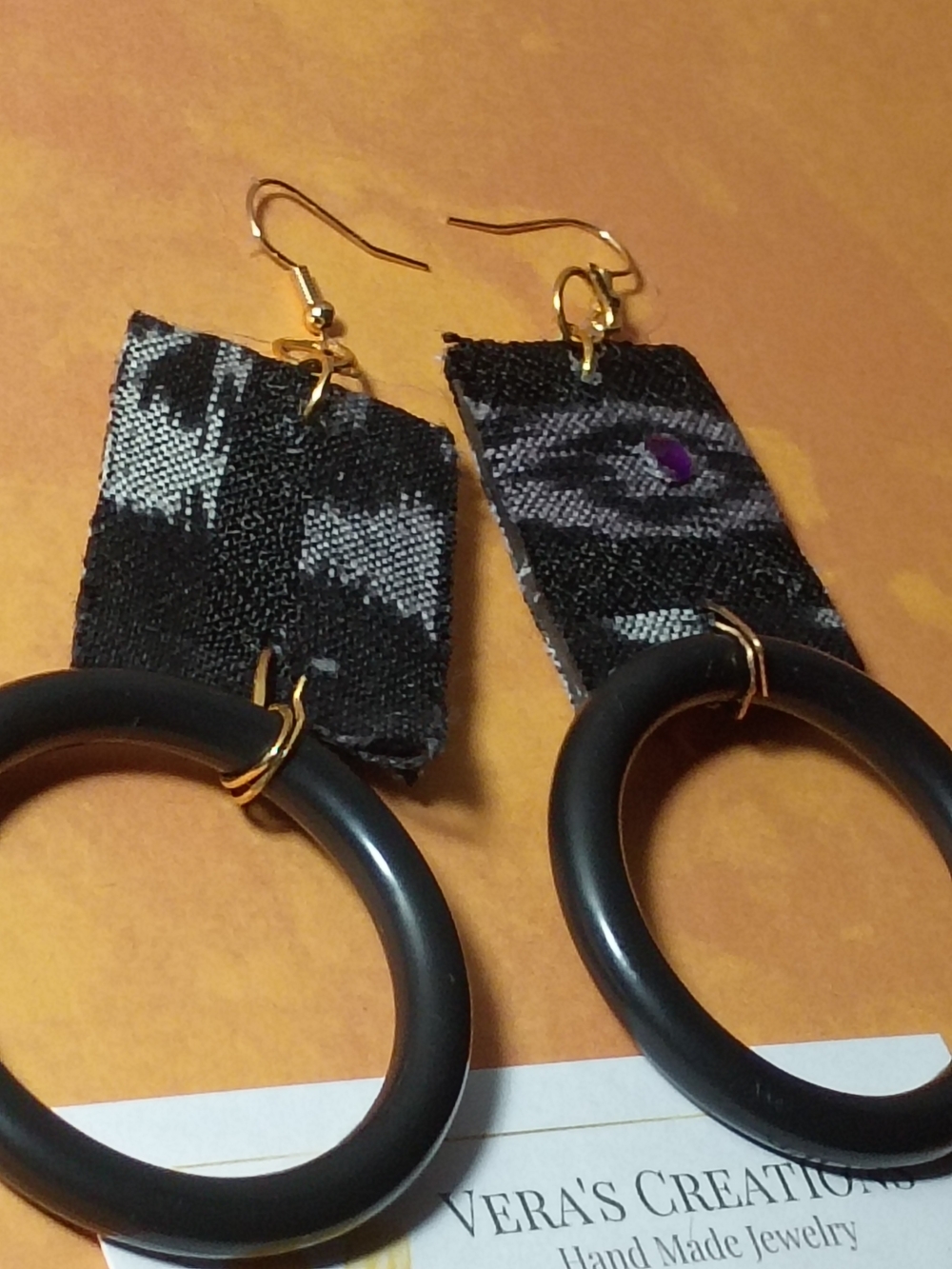 Black Hoop and Fabric Dangle Earrings